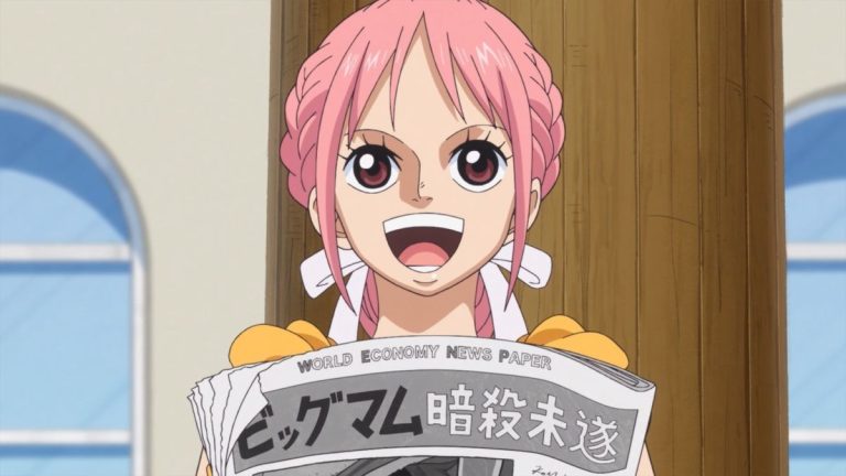 Official One Piece Episode 879 story scene from Pudding, Sanji, Carrot, Pedro, Katakuri, Brûlée, Jinbe, Luffy, Shanks, Nami, Zeus, Shirahoshi, Morgans, Koby, Rebecca, Leo, Viola, Belo Betty, Morley, Lindbergh, Karasu, Moda, Pinkbeard, Sabo, Dragon, Ivankov, Sakazuki, Kizaru, Fujitora, Green Bull, Sengoku, Ace, Bon Clay, and Whitebeard