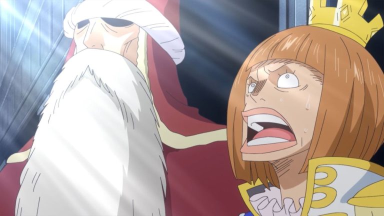 Official One Piece Episode 886 story scene from Luffy, Ace, Whitebeard, Shanks, Sakazuki, Sengoku, Shirahoshi, Neptune, Fukaboshi, Garp, Sabo, Stelly, Dragon, Vivi, Rebecca, Leo, Sai, Wapol, Dalton, Kureha, Chopper, Doflamingo, Charloss, Lucci, Kaku, Stussy, Mjosgard, Otohime, Crocodile, Robin, and the Empty Throne