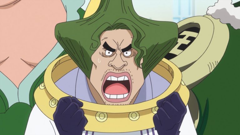 Official One Piece Episode 888 story scene from Luffy, Big Mom, Kaido, Shanks, Sakazuki, Kizaru, Sabo, Kuma, Bonney, Morley, Karasu, Lindbergh, Shirahoshi, Vivi, Cobra, Im, the Five Elders, Marco, Nekomamushi, Whitebeard, Blackbeard, Weevil, Nami, Sanji, Chopper, Brook, and the Thousand Sunny