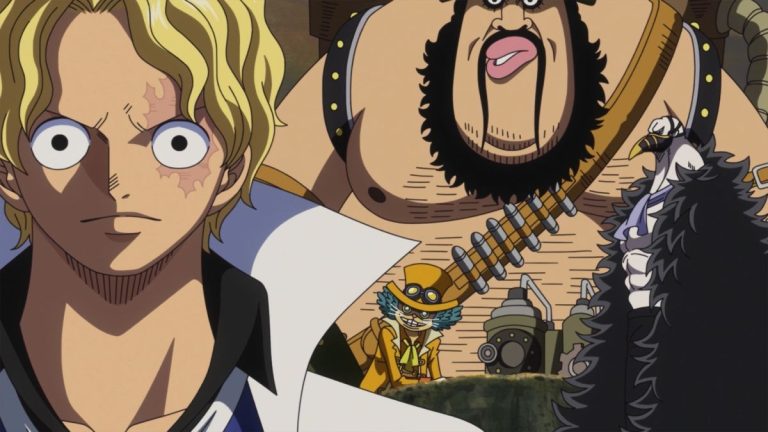 Official One Piece Episode 889 story scene from Luffy, Big Mom, Kaido, Shanks, Sakazuki, Kizaru, Sabo, Kuma, Bonney, Morley, Karasu, Lindbergh, Shirahoshi, Vivi, Cobra, Im, the Five Elders, Marco, Nekomamushi, Whitebeard, Blackbeard, Weevil, Nami, Sanji, Chopper, Brook, and the Thousand Sunny