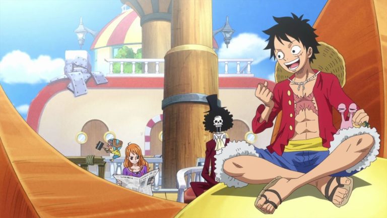 Official One Piece Episode 891 story scene from Luffy, Big Mom, Kaido, Shanks, Sakazuki, Kizaru, Sabo, Kuma, Bonney, Morley, Karasu, Lindbergh, Shirahoshi, Vivi, Cobra, Im, the Five Elders, Marco, Nekomamushi, Whitebeard, Blackbeard, Weevil, Nami, Sanji, Chopper, Brook, and the Thousand Sunny
