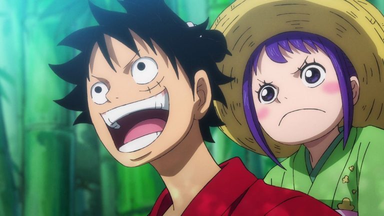 Official One Piece Episode 897 story scene from Luffy, Zoro, Otama, Hitetsu, Otsuru, Okiku, Hawkins, Komachiyo, Batman, Gazelleman, Holdem, Urashima, Mouseman, Bepo, Law, Kaido, and Nidai Kitetsu