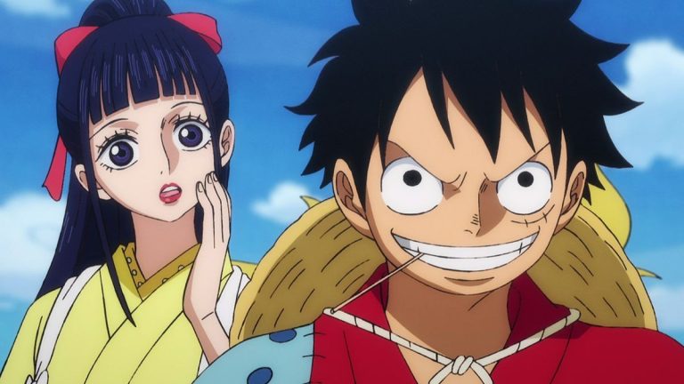 Official One Piece Episode 902 story scene from Luffy, Zoro, Okiku, Otama, Urashima, Holdem, Speed, Law, Hawkins, Otsuru, Komachiyo, Kaido, Orochi, and Bakura Town