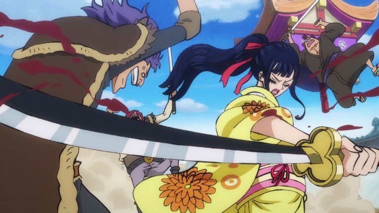 Official One Piece Episode 904 story scene from Luffy, Zoro, Okiku, Otama, Urashima, Holdem, Speed, Law, Hawkins, Otsuru, Komachiyo, Kaido, Orochi, and Bakura Town
