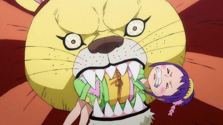 Official One Piece Episode 905 story scene from Luffy, Zoro, Okiku, Otama, Urashima, Holdem, Speed, Law, Hawkins, Otsuru, Komachiyo, Kaido, Orochi, and Bakura Town