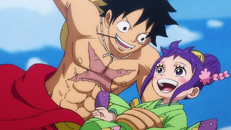 Official One Piece Episode 906 story scene from Luffy, Zoro, Okiku, Otama, Urashima, Holdem, Speed, Law, Hawkins, Otsuru, Komachiyo, Kaido, Orochi, and Bakura Town