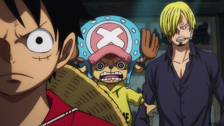 Official One Piece Episode 910 story scene from Luffy, Anne, Balloon, Spiel, Otama, Law, Kinemon, Oden, Toki, Momonosuke, Hiyori, Robin, Zoro, Shinobu, Kaido, Orochi, Roger, and the Akazaya Nine