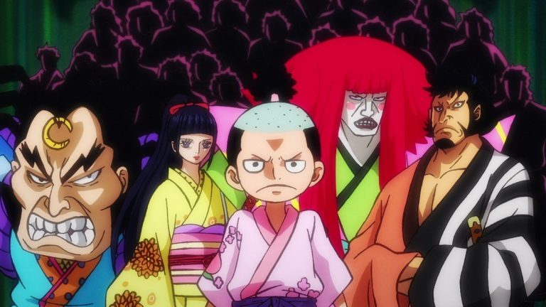 Official One Piece Episode 911 story scene from Luffy, Anne, Balloon, Spiel, Otama, Law, Kinemon, Oden, Toki, Momonosuke, Hiyori, Robin, Zoro, Shinobu, Kaido, Orochi, Roger, and the Akazaya Nine