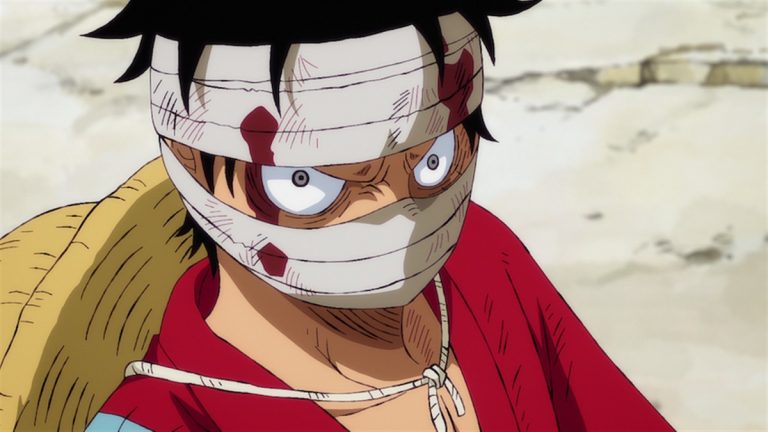 Official One Piece Episode 916 story scene from Luffy, Kaido, Shutenmaru, Jack, Law, Hawkins, Speed, Otama, Kinemon, Otsuru, Okiku, Shinobu, Inuarashi, Kid, and Udon