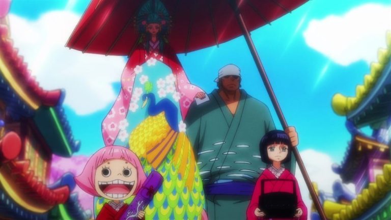 Official One Piece Episode 921 story scene from Blackbeard, Moria, Absalom, Shiryu, Catarina Devon, King, Queen, Jack, Luffy, Kid, Hyogoro, Dobon, Sanji, Toko, Franky, Usopp, Caribou, and Komurasaki