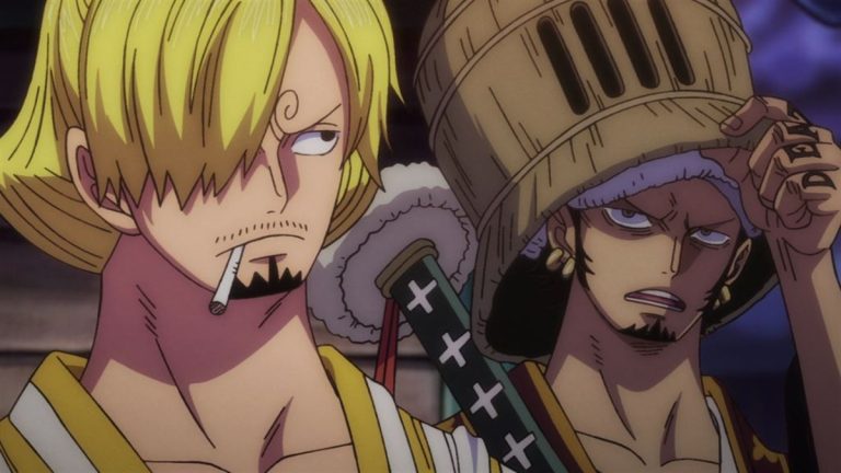 Official One Piece Episode 923 story scene from Zoro, Tonoyasu, Momonosuke, Komurasaki, Big Mom, King, Kaido, Sanji, Law, Page One, Drake, Robin, Fukurokuju, Nami, Shinobu, Brook, Chopper, Otama, Okiku, and the Oniwabanshu