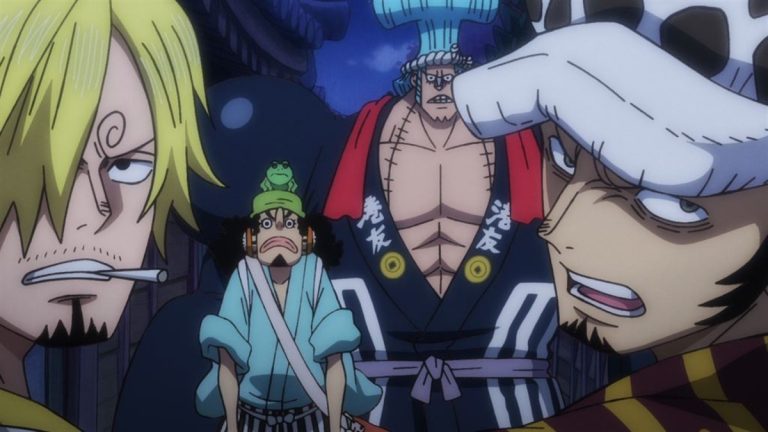 Official One Piece Episode 924 story scene from Zoro, Tonoyasu, Momonosuke, Komurasaki, Big Mom, King, Kaido, Sanji, Law, Page One, Drake, Robin, Fukurokuju, Nami, Shinobu, Brook, Chopper, Otama, Okiku, and the Oniwabanshu