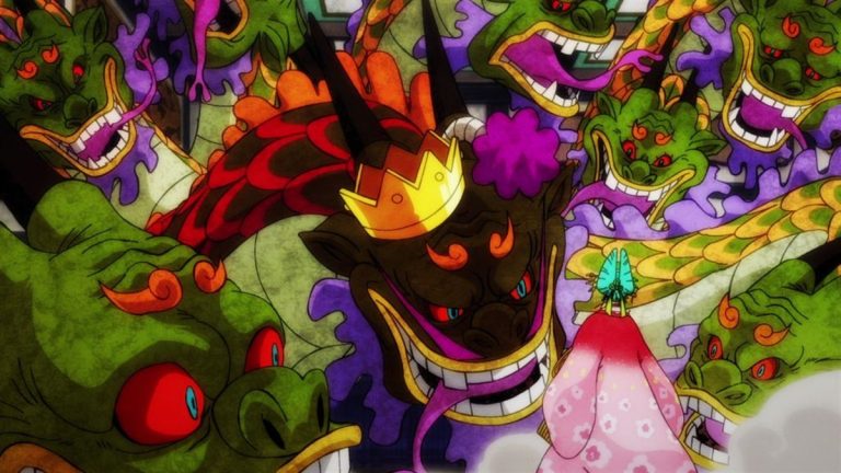 Official One Piece Episode 927 story scene from Orochi, Komurasaki, Toko, Kyoshiro, Robin, Brook, Nami, Shinobu, O-Lin, Chopper, Otama, Momonosuke, Okiku, Luffy, Hyogoro, Daifugo, Babanuki, Queen, Raizo, Kawamatsu, and Zoro