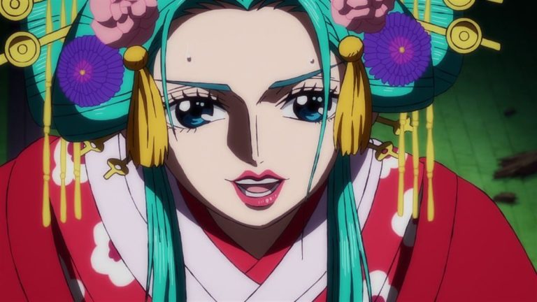 Official One Piece Episode 928 story scene from Orochi, Komurasaki, Toko, Kyoshiro, Robin, Brook, Nami, Shinobu, O-Lin, Chopper, Otama, Momonosuke, Okiku, Luffy, Hyogoro, Daifugo, Babanuki, Queen, Raizo, Kawamatsu, and Zoro