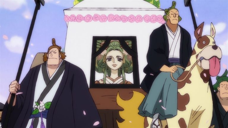 Official One Piece Episode 939 story scene from Tonoyasu, Shimotsuki Yasuie, Toko, Orochi, Zoro, Sanji, Hiyori, Brook, Shinobu, Kanjuro, Luffy, Hyogoro, Raizo, Caribou, Queen, Holdem, Shutenmaru, Kinemon, and Ebisu Town