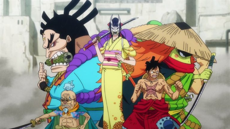 Official One Piece Episode 948 story scene from Luffy, Queen, Big Mom, Kawamatsu, Kiku, Raizo, Hyogoro, Chopper, Daifugo, Babanuki, Kid, Killer, Momonosuke, Shutenmaru, Kinemon, Zoro, Hiyori, Law, Hawkins, Drake, Bepo, Shachi, Penguin, and Nami