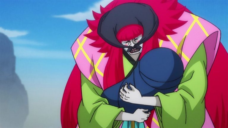 Official One Piece Episode 952 story scene from Yasuie, Toko, Robin, Nami, Franky, Kanjuro, Shutenmaru, Kinemon, Hiyori, Kawamatsu, Onimaru, Zoro, Ryuma, Enma, Law, Hawkins, Apoo, Kid, Killer, Kaido, Big Mom, Luffy, Otama, and the Straw Hats