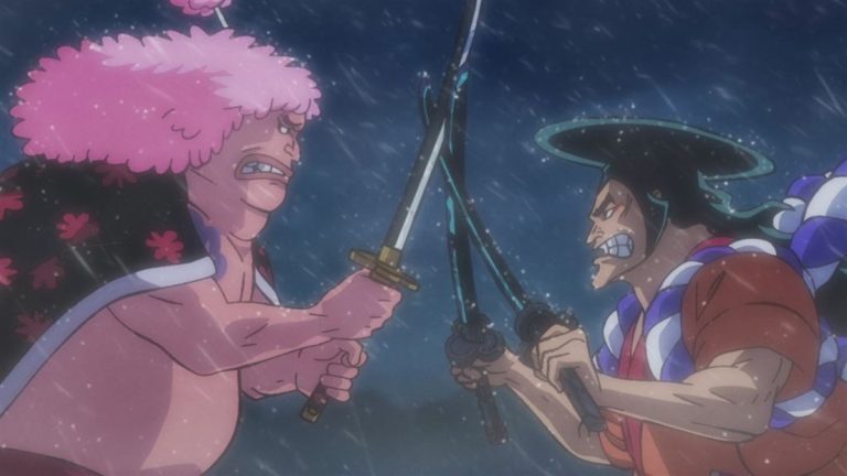 Official One Piece Episode 962 story scene from Kozuki Oden, Ashura Doji, Kinemon, Denjiro, Yasuie, Orochi, Whitebeard, Marco, Izo, Toki, Inuarashi, Nekomamushi, Momonosuke, Hiyori, Roger, Rayleigh, Shanks, Buggy, and Teach