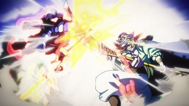 Official One Piece Episode 963 story scene from Kozuki Oden, Ashura Doji, Kinemon, Denjiro, Yasuie, Orochi, Whitebeard, Marco, Izo, Toki, Inuarashi, Nekomamushi, Momonosuke, Hiyori, Roger, Rayleigh, Shanks, Buggy, and Teach
