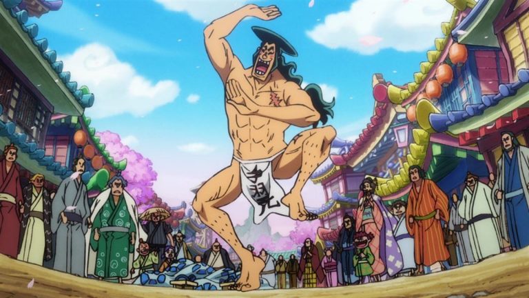 Official One Piece Episode 970 story scene from Roger, Oden, Toki, Momonosuke, Hiyori, Shanks, Buggy, Tom, Iceburg, Franky, Neptune, Shyarly, Kinemon, the Nine Red Scabbards, Orochi, Higurashi, Hyogoro, Kaido, and the Beasts Pirates