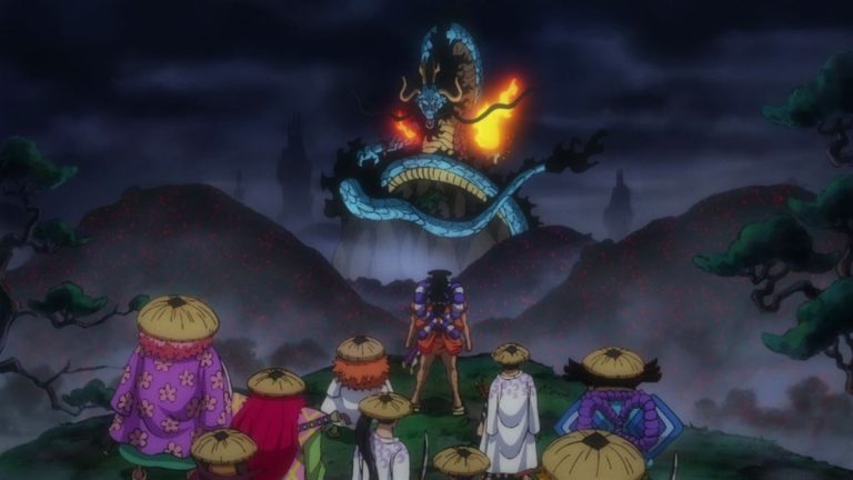 Official One Piece Episode 971 story scene from Roger, Oden, Toki, Momonosuke, Hiyori, Shanks, Buggy, Tom, Iceburg, Franky, Neptune, Shyarly, Kinemon, the Nine Red Scabbards, Orochi, Higurashi, Hyogoro, Kaido, and the Beasts Pirates