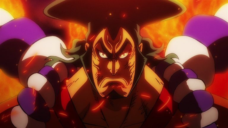 Official One Piece Episode 972 story scene from Oden, Kaido, Higurashi, Shinobu, Kinemon, the Red Scabbards, Toki, Momonosuke, Hiyori, Kawamatsu, Denjiro, Kyoshiro, Komurasaki, and Orochi