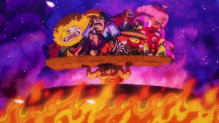 Official One Piece Episode 973 story scene from Oden, Kaido, Higurashi, Shinobu, Kinemon, the Red Scabbards, Toki, Momonosuke, Hiyori, Kawamatsu, Denjiro, Kyoshiro, Komurasaki, and Orochi