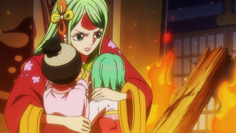 Official One Piece Episode 975 story scene from Oden, Kaido, Higurashi, Shinobu, Kinemon, the Red Scabbards, Toki, Momonosuke, Hiyori, Kawamatsu, Denjiro, Kyoshiro, Komurasaki, and Orochi