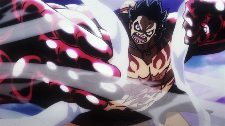 Official One Piece Episode 978 story scene from Kanjuro, Orochi, Momonosuke, Kinemon, Denjiro, the Red Scabbards, Luffy, Law, Kid, Sanji, Franky, Zoro, Jinbe, and the Straw Hat Pirates