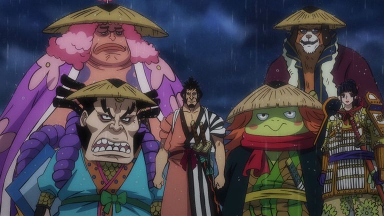Official One Piece Episode 979 story scene from Kanjuro, Orochi, Momonosuke, Kinemon, Denjiro, the Red Scabbards, Luffy, Law, Kid, Sanji, Franky, Zoro, Jinbe, and the Straw Hat Pirates