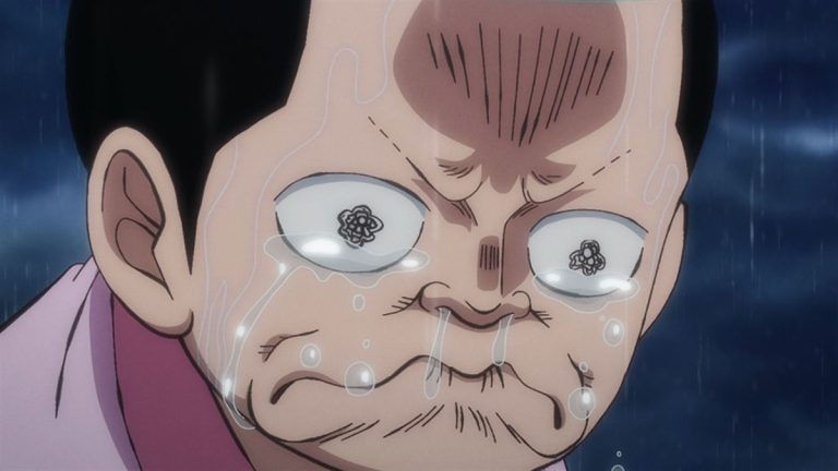Official One Piece Episode 980 story scene from Kanjuro, Orochi, Momonosuke, Kinemon, Denjiro, the Red Scabbards, Luffy, Law, Kid, Sanji, Franky, Zoro, Jinbe, and the Straw Hat Pirates