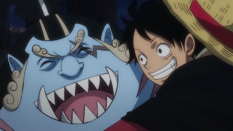 Official One Piece Episode 981 story scene from Kanjuro, Orochi, Momonosuke, Kinemon, Denjiro, the Red Scabbards, Luffy, Law, Kid, Sanji, Franky, Zoro, Jinbe, and the Straw Hat Pirates