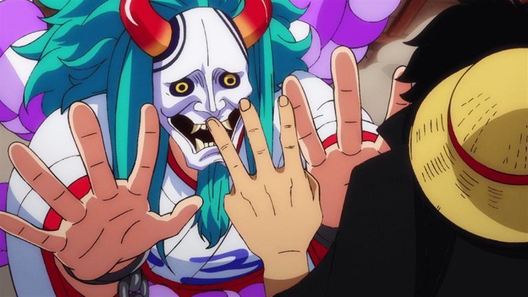 Official One Piece Episode 992 story scene from Yamato, Oden, Luffy, Kaido, Big Mom, Orochi, Kiku, Kanjuro, Momonosuke, Kinemon, Izo, Nekomamushi, Law, the Scabbards, Ulti, King, Queen, Jack, and Hyogoro