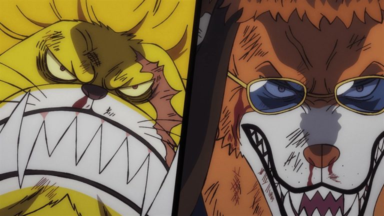 Official One Piece Episode 997 story scene from Inuarashi, Nekomamushi, the Minks, Jack, Shinobu, Momonosuke, Sanji, King, Queen, Nami, Zeus, Franky, Brook, Robin, Jinbe, Yamato, the Straw Hats, X Drake, Hawkins, Who’s-Who, and Luffy