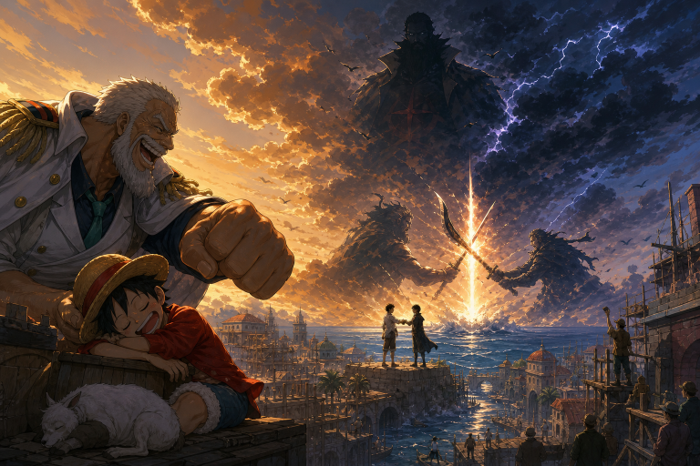 An elderly Marine surprises a sleeping pirate while a revolutionary looms above and two legendary captains split the distant sky