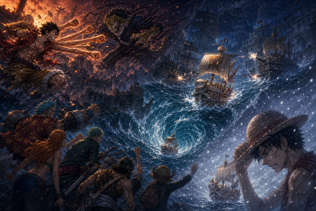 An exhausted pirate unleashes a rapid punch barrage while a small sailing ship crosses a warship whirlpool toward a snowy farewell
