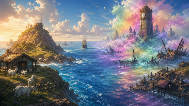 Goat Island goats face Ruluka clock towers and shipwrecks across a rainbow-colored sea mist
