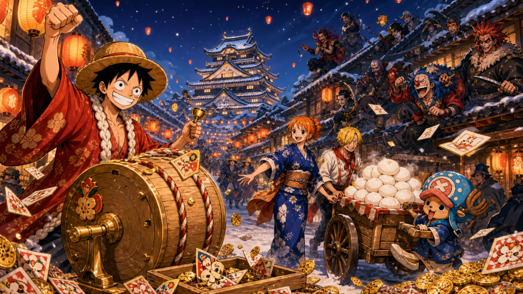 A straw-hatted town boss rings a bell beside a lottery drum while friends push a mochi cart through a snowy lantern-lit Edo town
