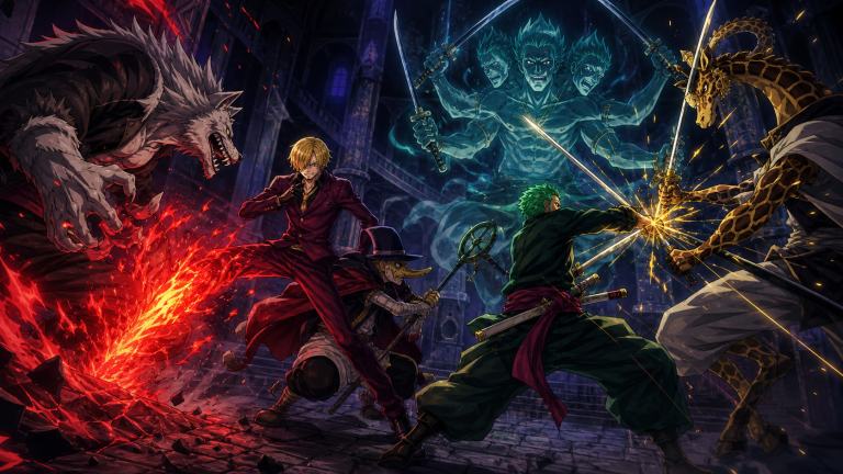 A red-hot kick fighter protects a masked ally while a three-sword fighter battles a giraffe swordsman beneath a spectral six-armed aura