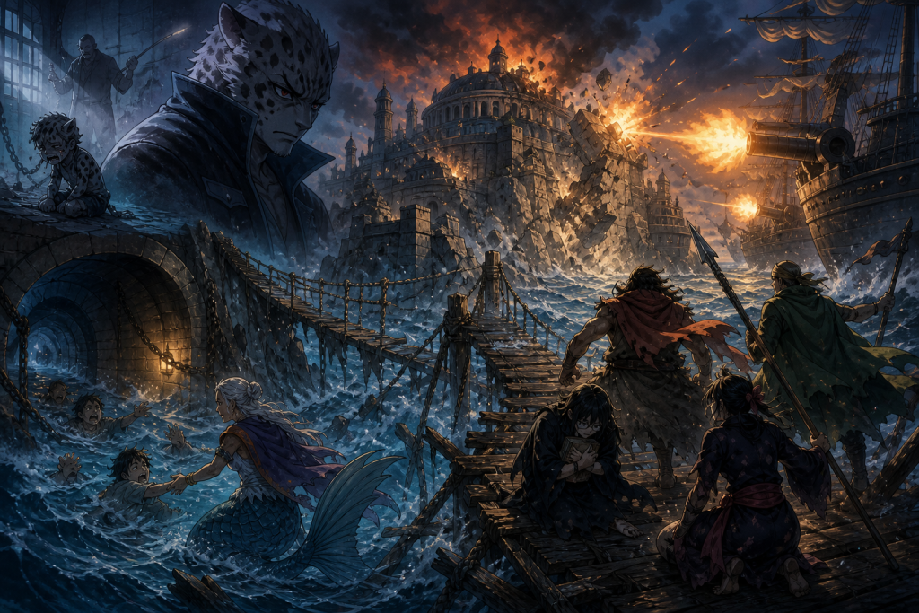 An elderly mermaid rescues drowning adventurers while pirate allies defend a scholar on a broken bridge beneath warship cannon fire