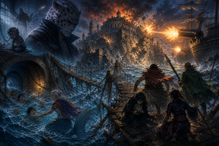An elderly mermaid rescues drowning adventurers while pirate allies defend a scholar on a broken bridge beneath warship cannon fire