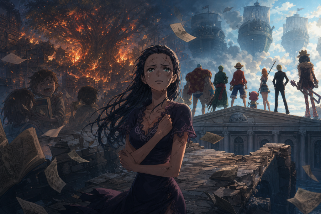 Robin stands between burning Ohara and the Straw Hat crew waiting ahead as books and warships fill the divided sky