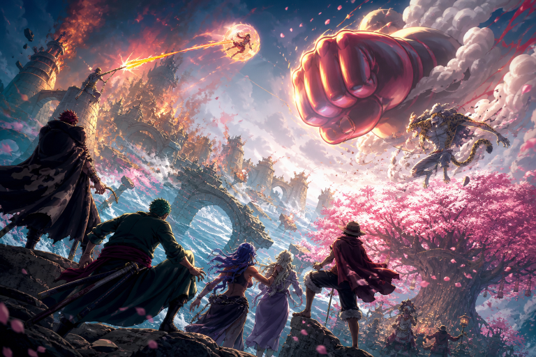 Pirate adventurers face a burning island, a giant airborne fist, a leopard fighter, and a spring cherry tree under flying blossoms