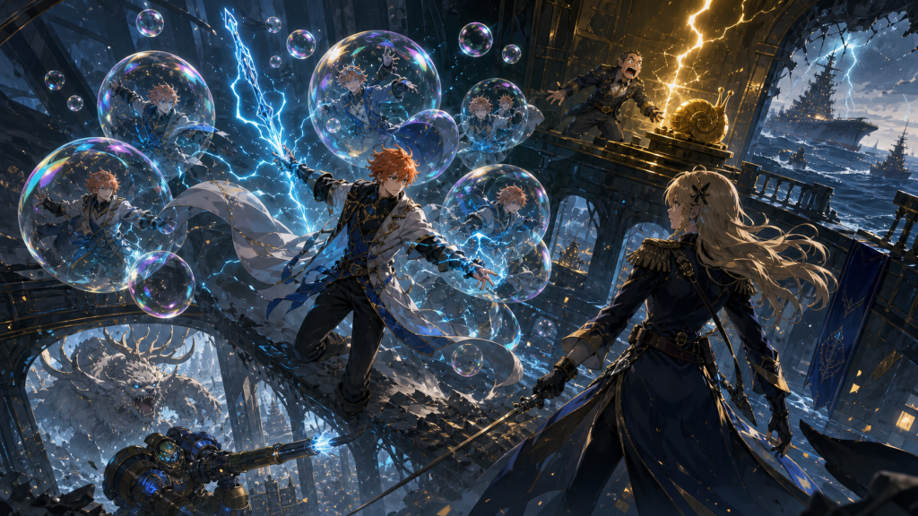 A weather strategist creates lightning mirages among soap bubbles while an official triggers a golden alarm and warships approach