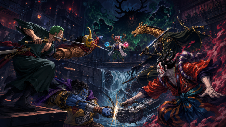 A three-sword fighter wields a masked ally while an antlered doctor faces a looming monster shadow inside a judicial fortress