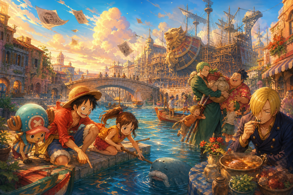Pirates and neighbors search a bright canal while a cook investigates food and shipwrights finish a lion-prowed ship