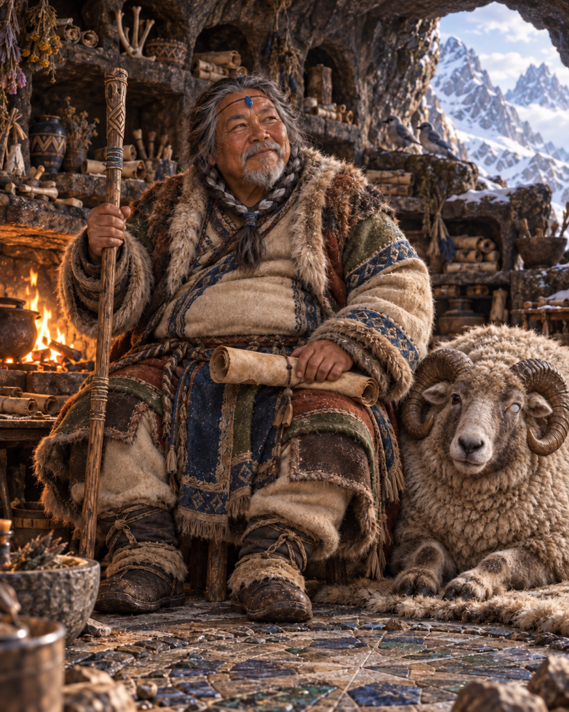 Ookequk seated with his staff and hide scroll beside the one-eyed ram in his Mintahoq cave archive