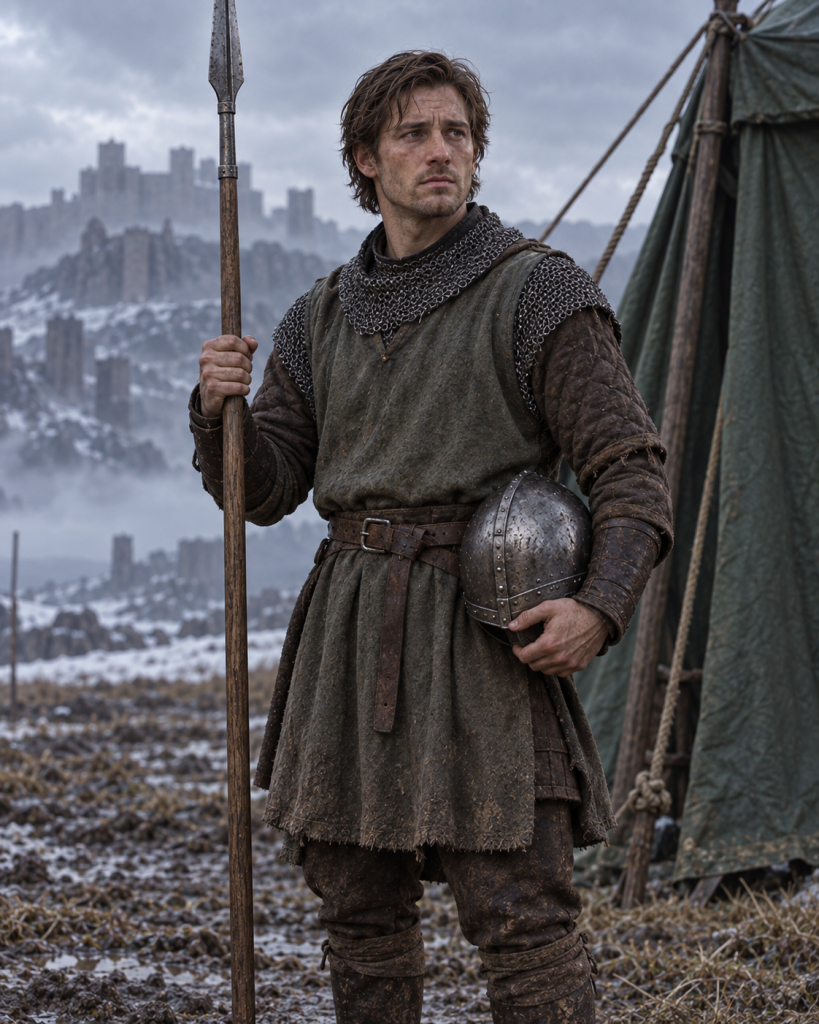Ostrael, a young square-faced Naglimund pikeman, standing beside the green parley tent