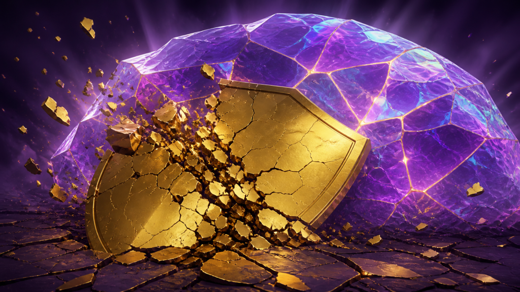 Original CVM Sekai editorial art of a cracked gold shield in front of a resilient iridescent barrier