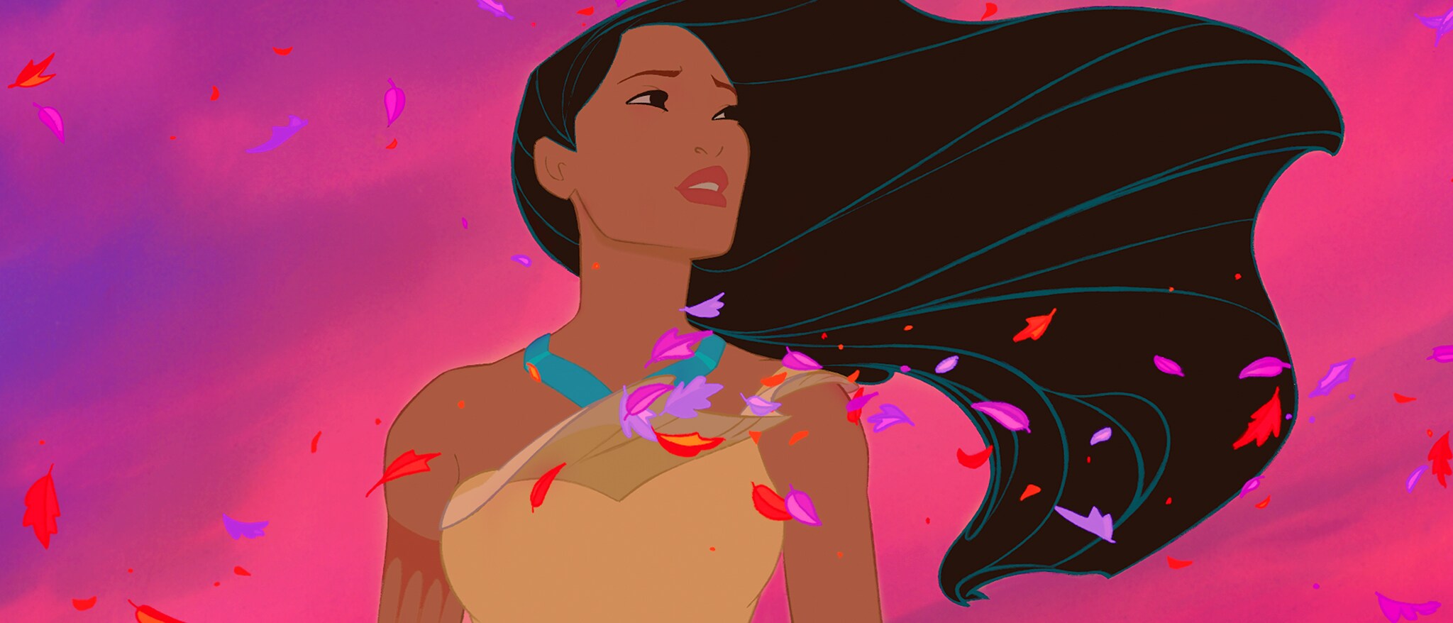 Original CVM Sekai respectful fan art for the Pocahontas animation franchise hub, centered on a young adult Powhatan woman beside tidal Virginia water